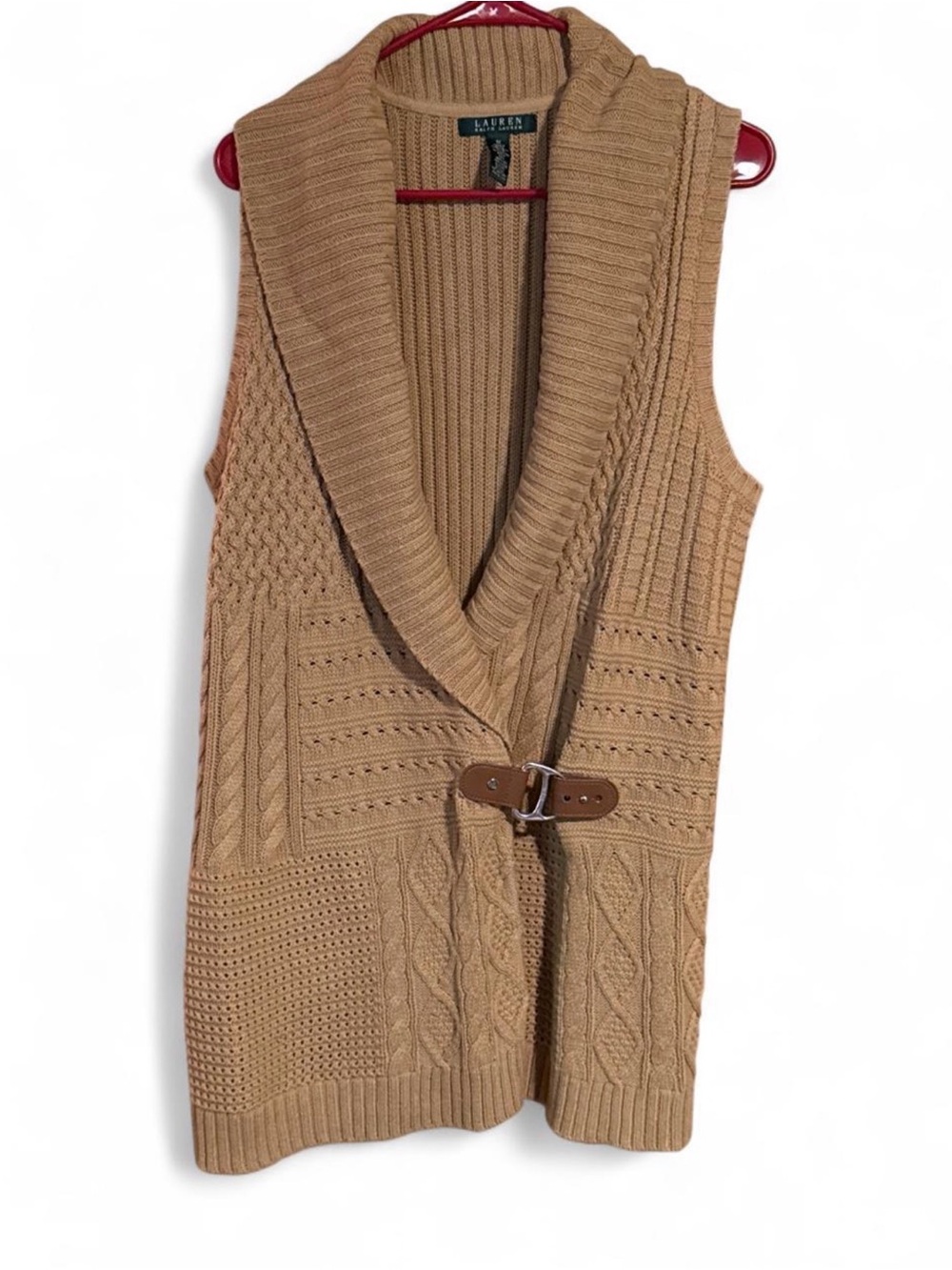 Lauren Ralph Lauren Tan Cable Knit Shawl-Collar Vest with Buckle